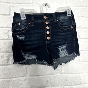NWT Fashion Nova High Rise Distressed Denim Shorts Size 3 Dark Wash Button Fly